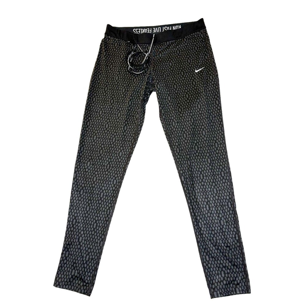 NIKE Relay Dri-FIT Performance Running Leggings Tights Printed Black / Gray  XL